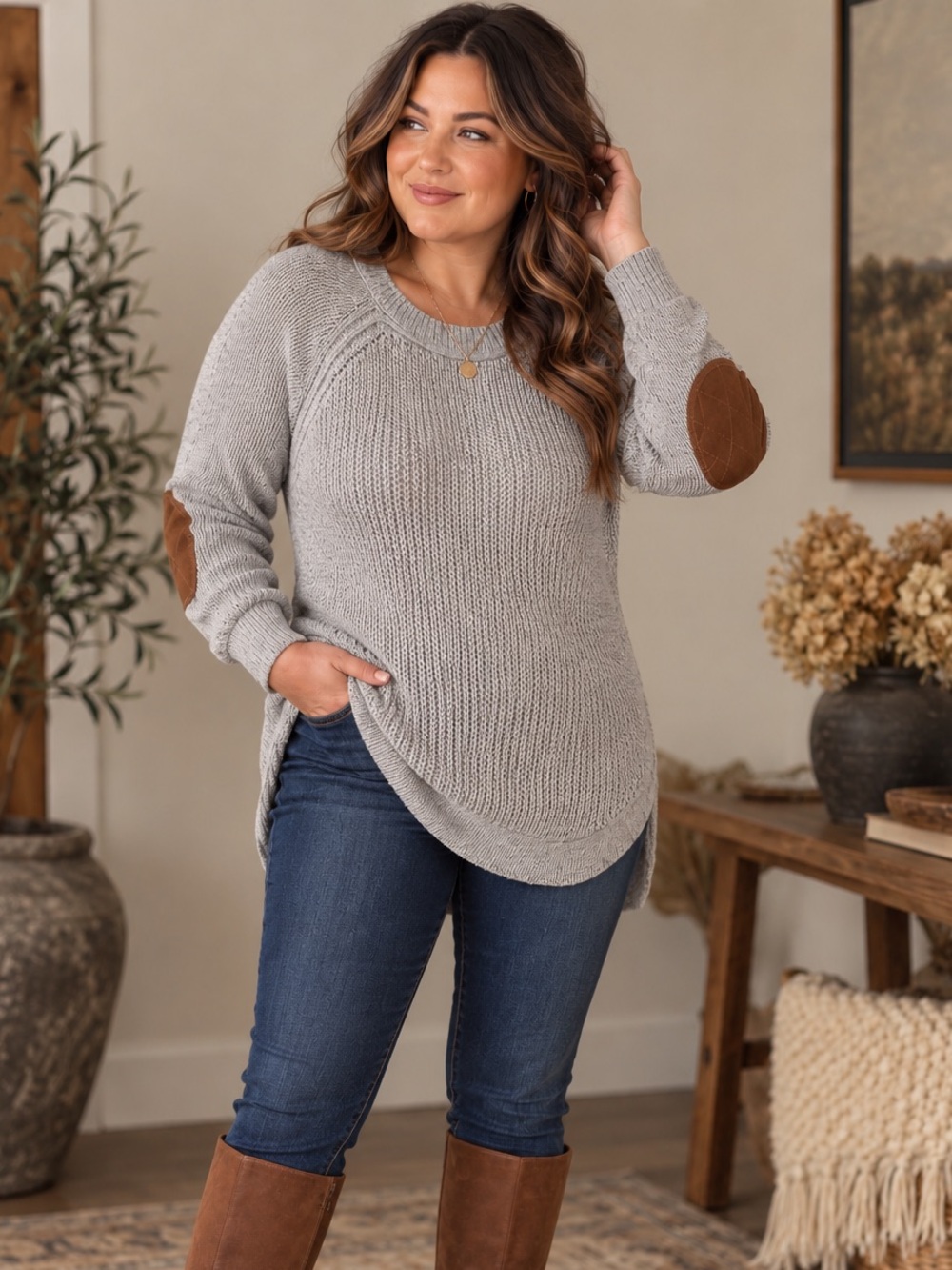 Ada Casey Longline Tunic Sweater Grey Marled Knit Brown Suede Elbow Patches